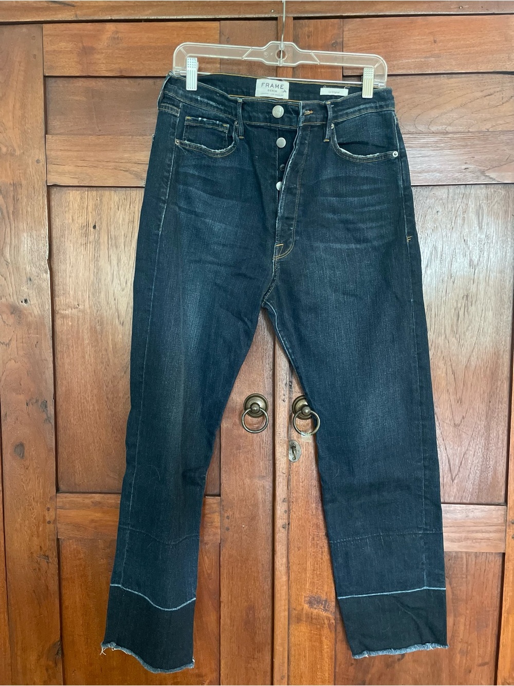 Frame Denim Indigo Straight-Leg Jeans with Raw Hem